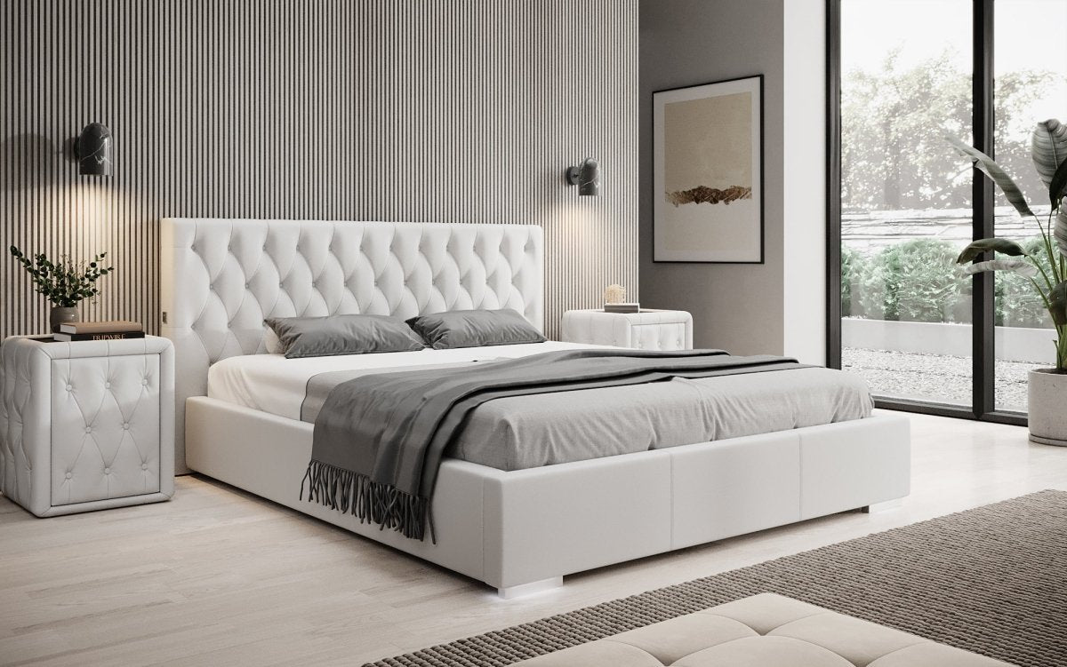 Designer Polsterbett Porto inkl. LED Füßen, USB und Stauraum - Luxusbetten24