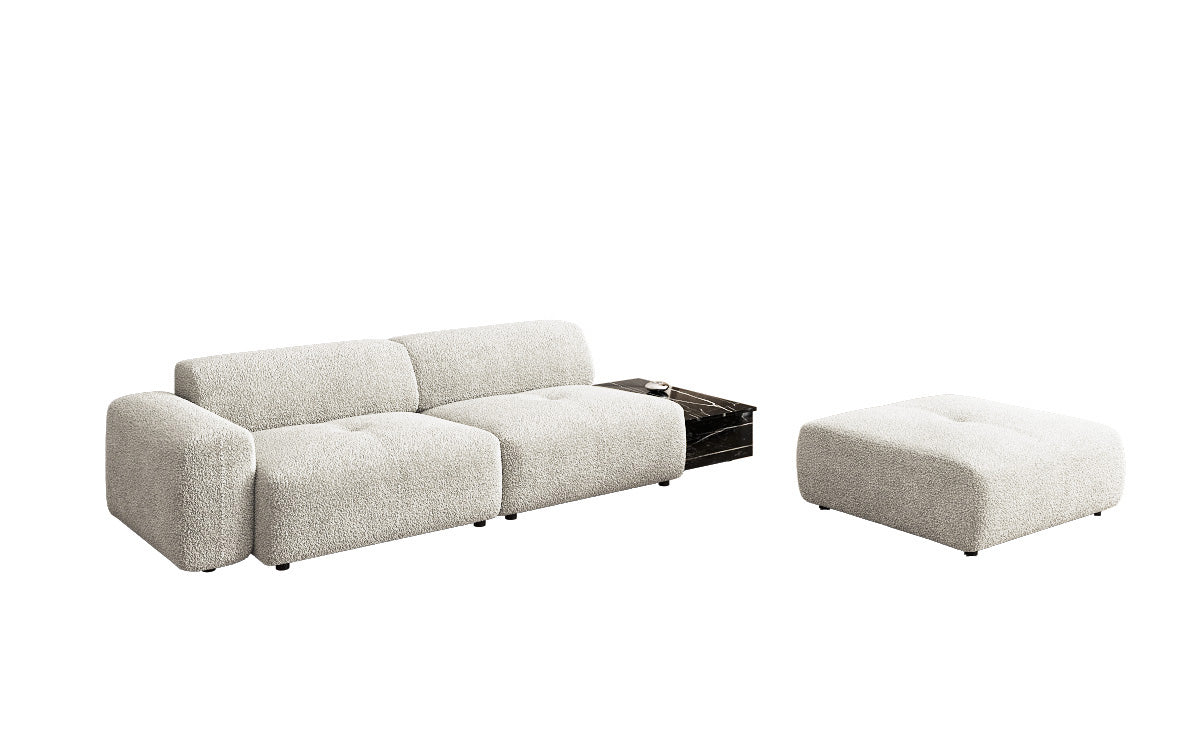 Designer Sofa Calm 3-personers med skammel og sidebord i Bouclé
