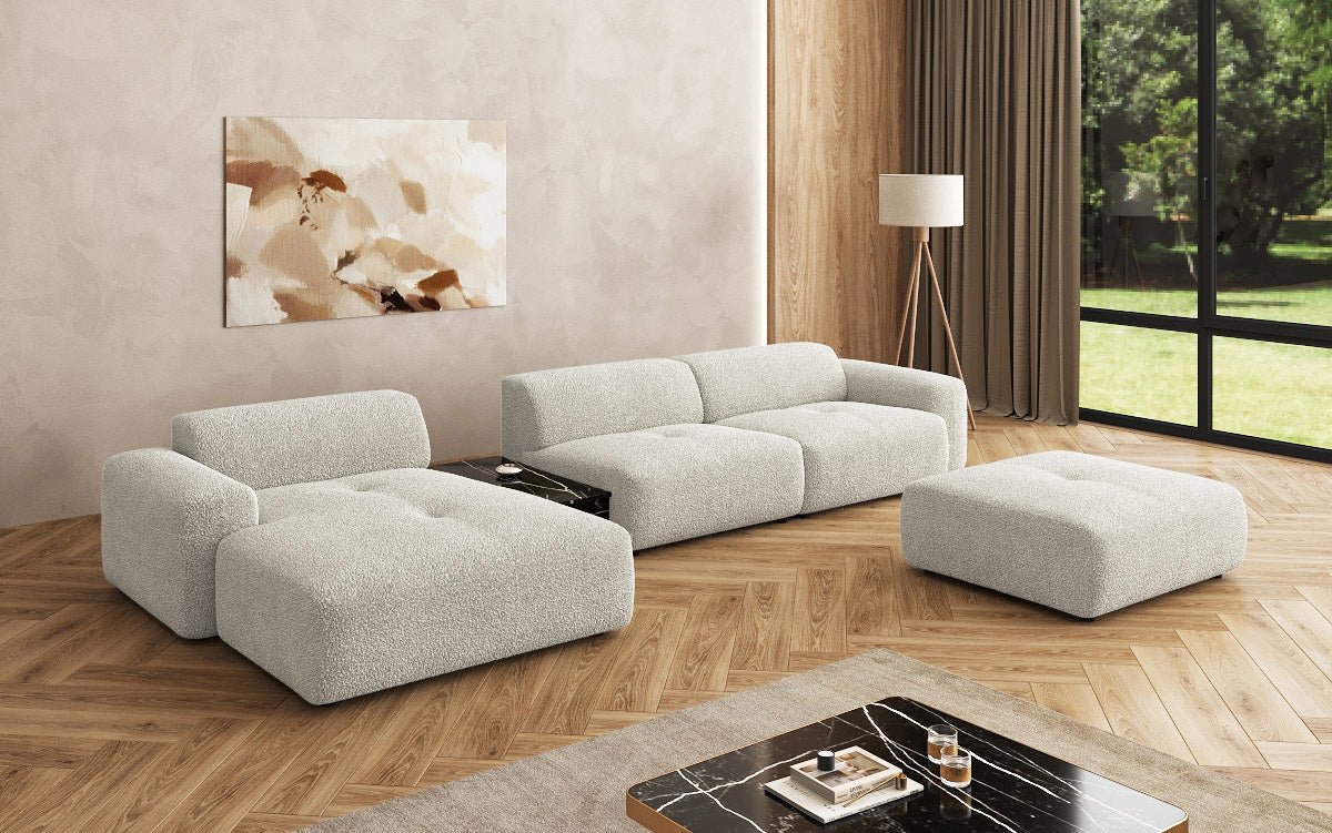 Designer Sofa Calm L med skammel og sidebord i Bouclé
