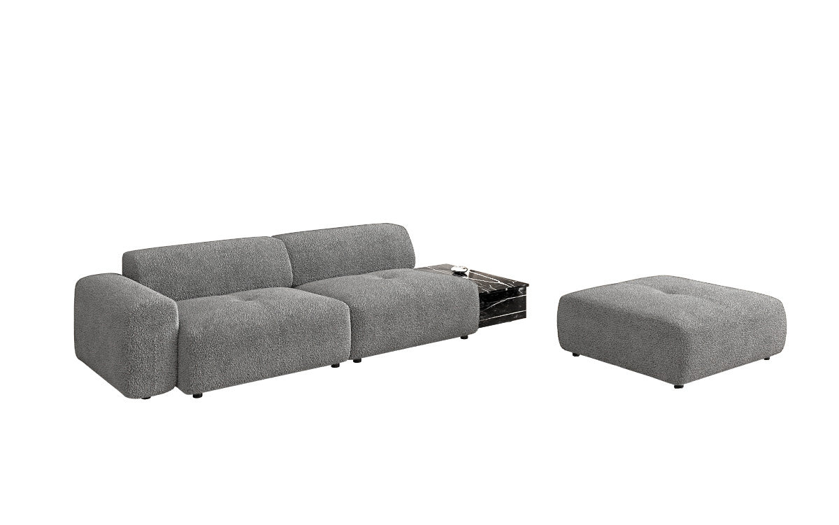Designer Sofa Calm 3-personers med skammel og sidebord i Bouclé
