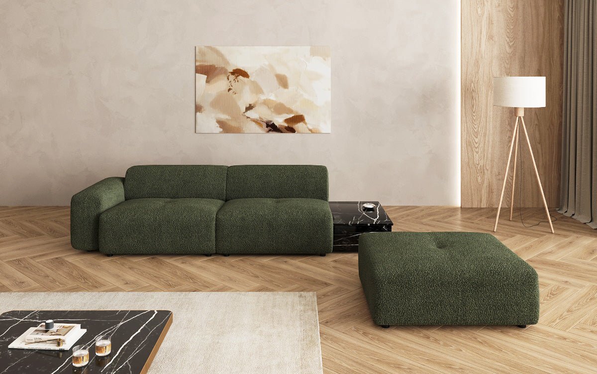 Designer Sofa Calm 3-personers med skammel og sidebord i Bouclé