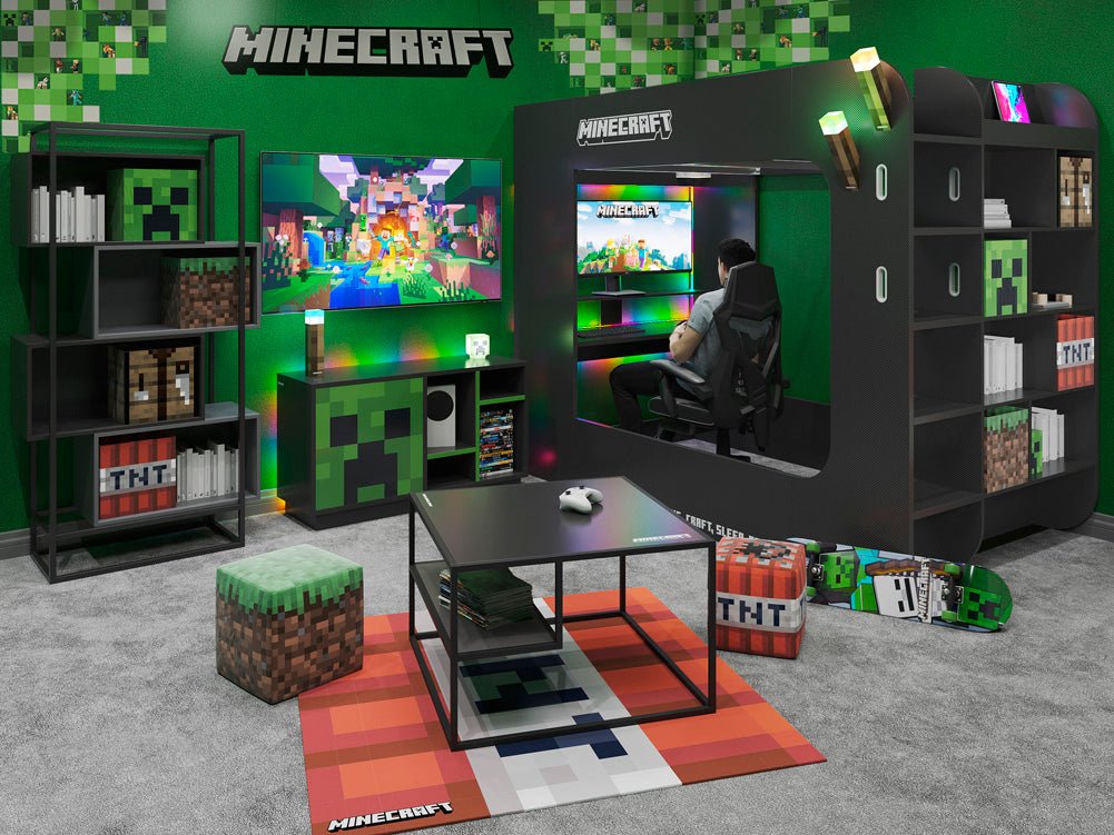 Minecraft gaming-højseng „BaseCamp XL“ med skrivebord og reol