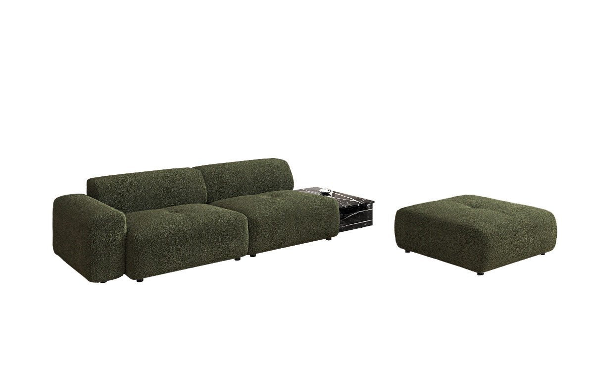 Designer Sofa Calm 3-personers med skammel og sidebord i Bouclé