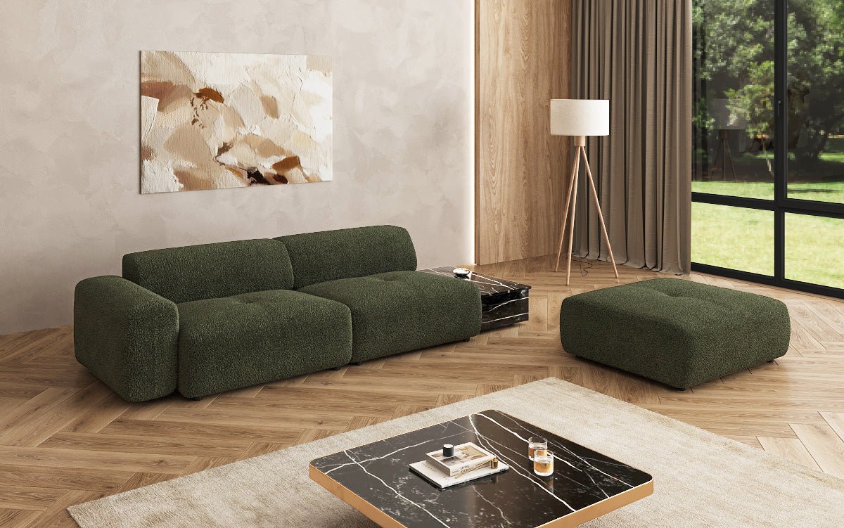 Designer Sofa Calm 3-personers med skammel og sidebord i Bouclé
