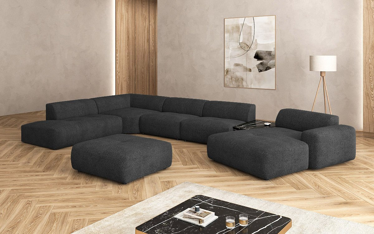 Designer Wohnlandschaft Calm mit Beistellhocker in Bouclé