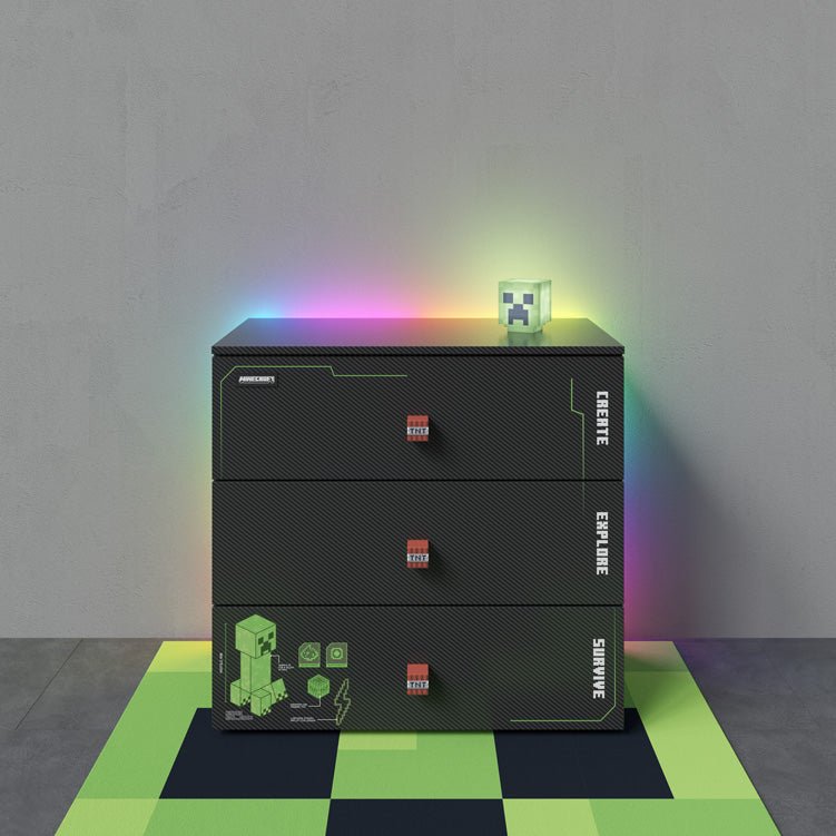 Minecraft Kommode „Creeper Chest“ – med LED, soft-close og 3 skuffer