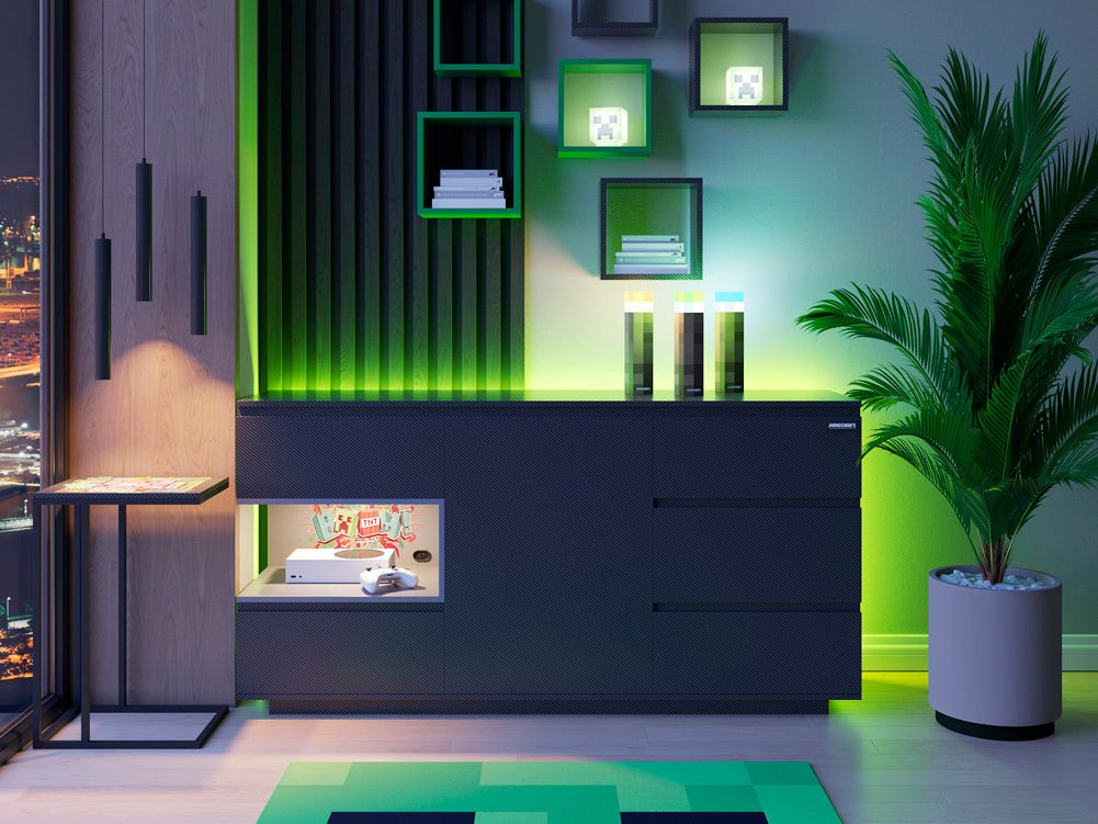 Minecraft Kommode „PixelVault“ – med LED, 5 skuffer & konsolrum