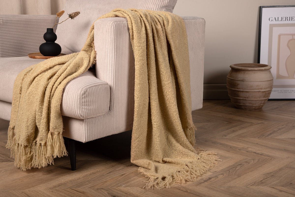 Tagesdecke „Stanley Sand“ – 170×130 cm med struktur og frynser