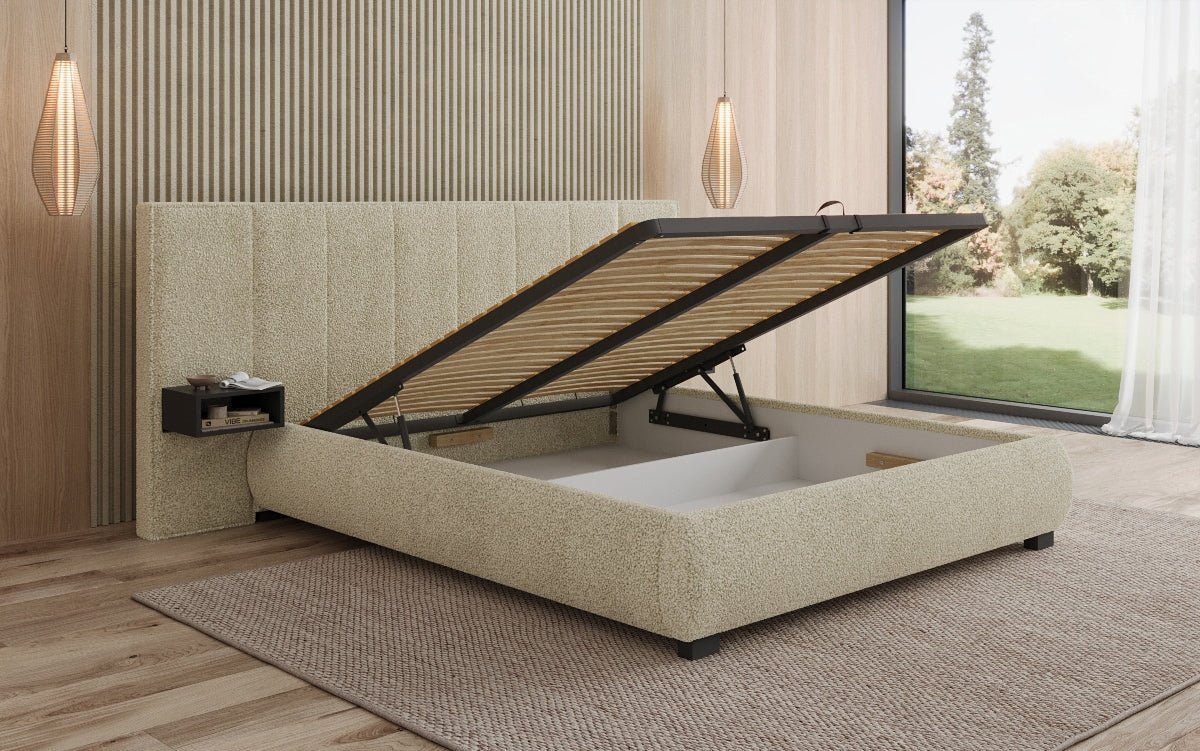 Designer polsterseng Elvara i Bouclé med opbevaringsplads