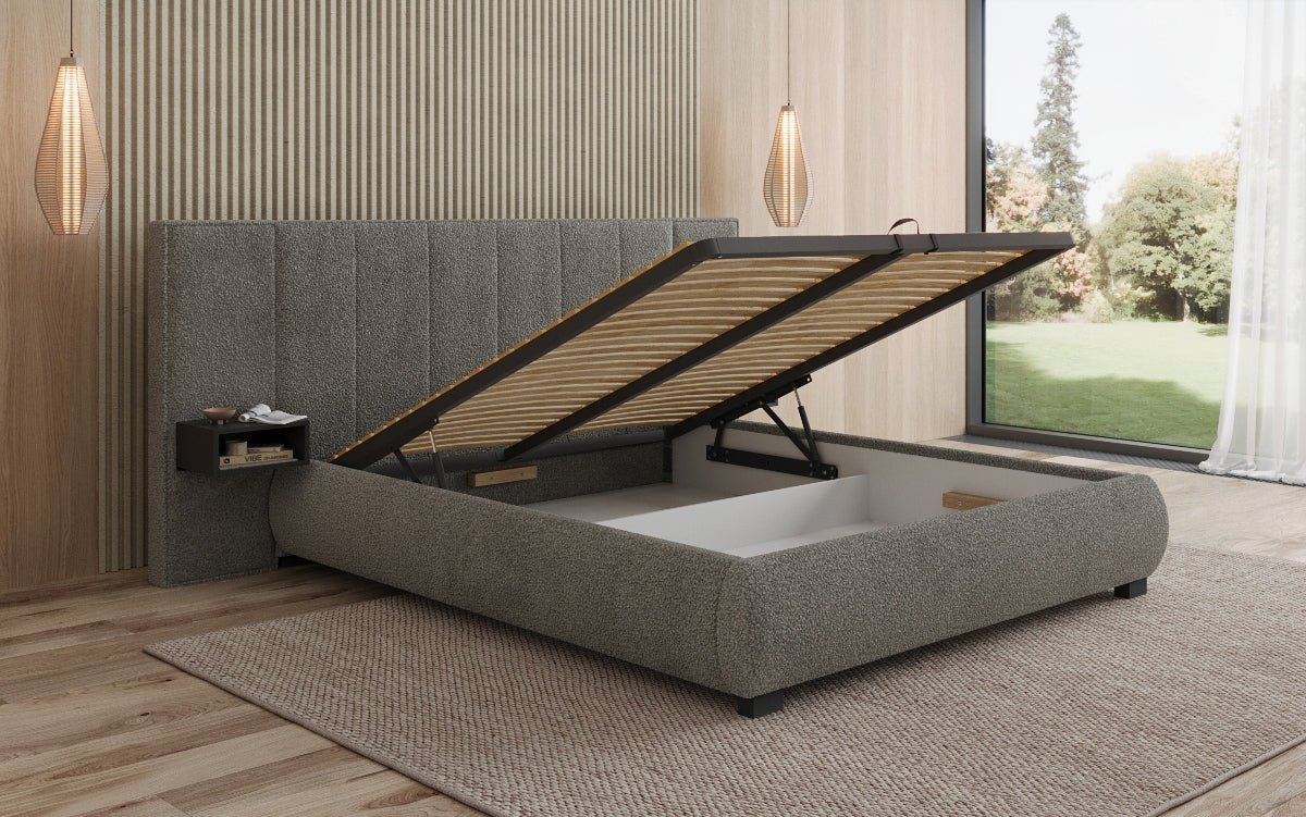 Designer polsterseng Elvara i Bouclé med opbevaringsplads