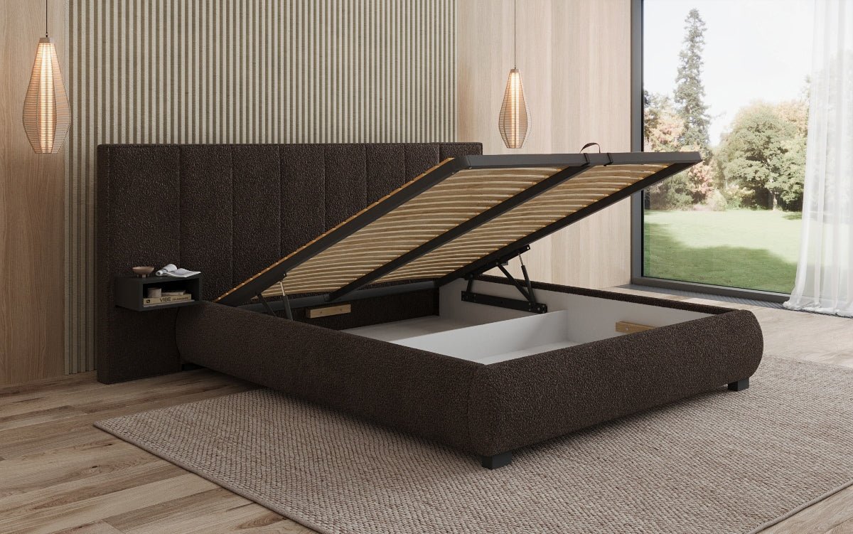 Designer polsterseng Elvara i Bouclé med opbevaringsplads