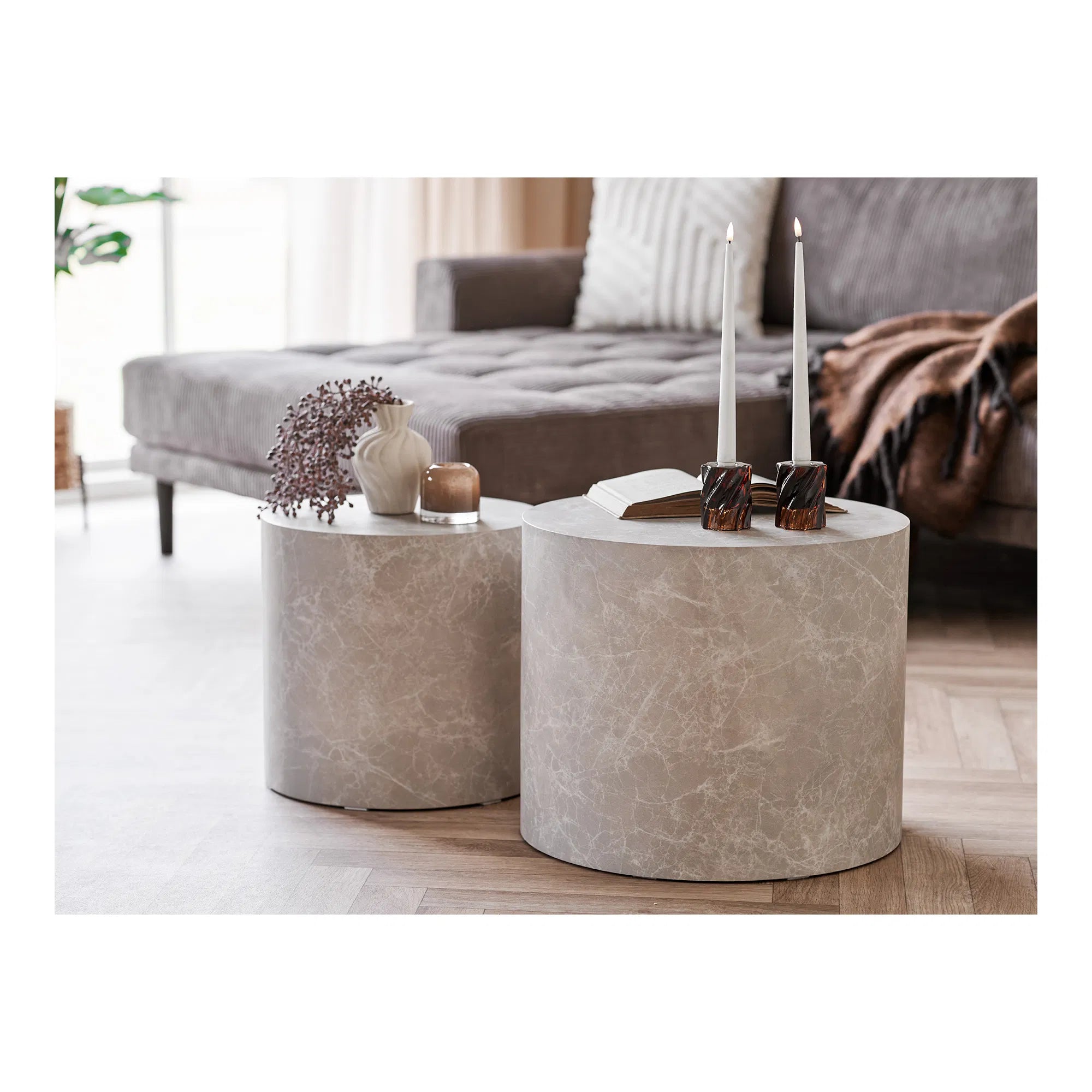 Designer sofabord Paris 2 stk. rundt i marmorlook