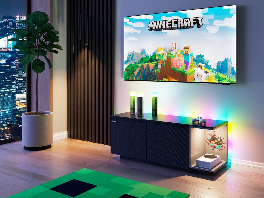 Minecraft Lowboard „BlockBase“ – med døre, konsolfag og LED-element