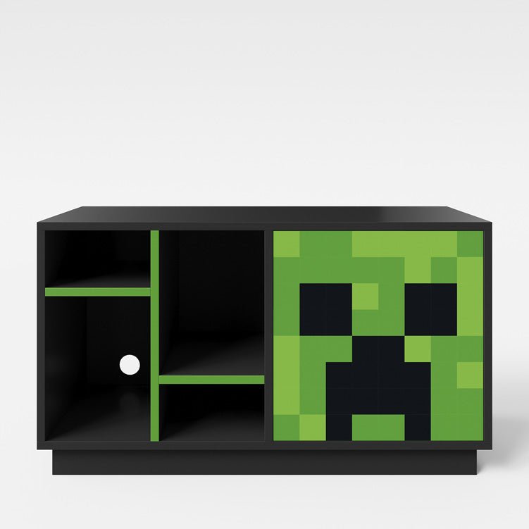 Minecraft TV-Lowboard „CreeperCube“ – med Push-Open dør & åbne rum