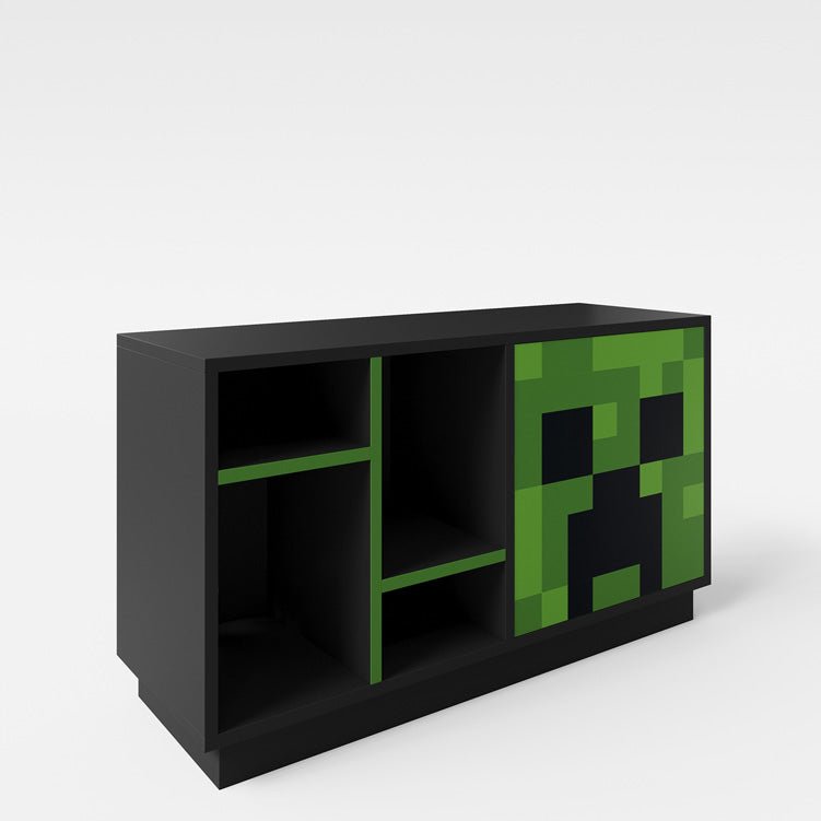 Minecraft TV-Lowboard „CreeperCube“ – med Push-Open dør & åbne rum