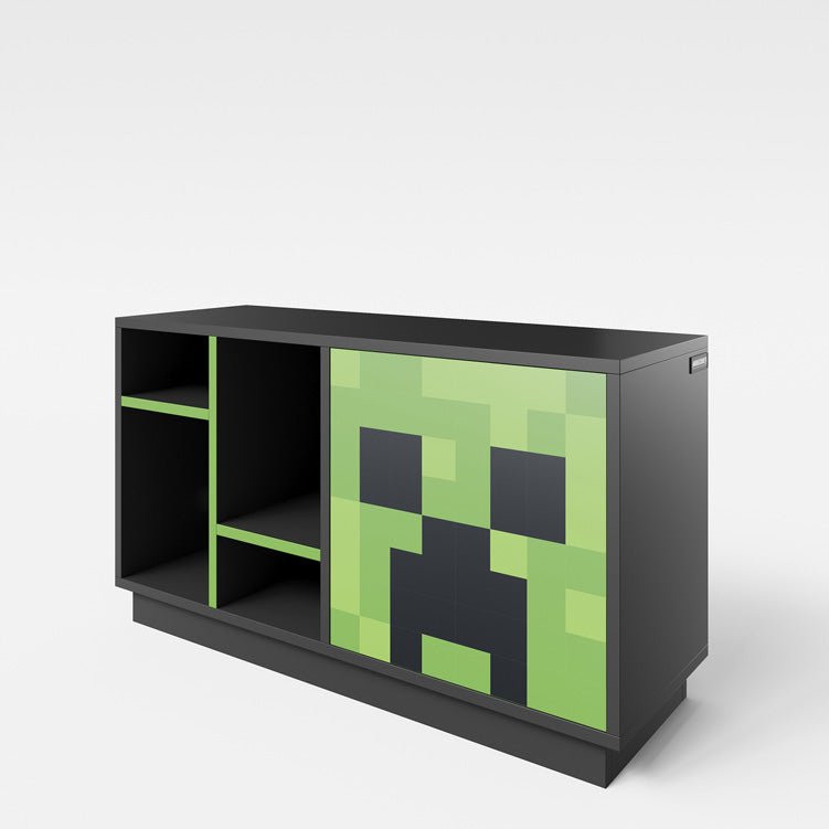 Minecraft TV-Lowboard „CreeperCube“ – med Push-Open dør & åbne rum
