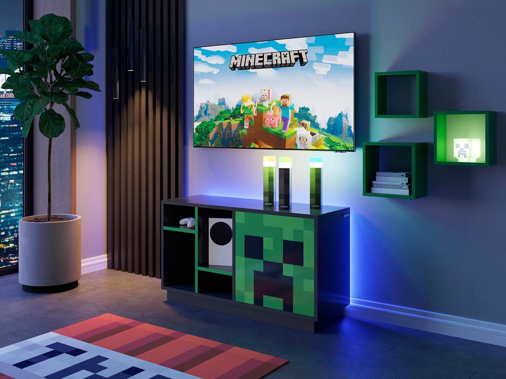 Minecraft TV-Lowboard „CreeperCube“ – med Push-Open dør & åbne rum