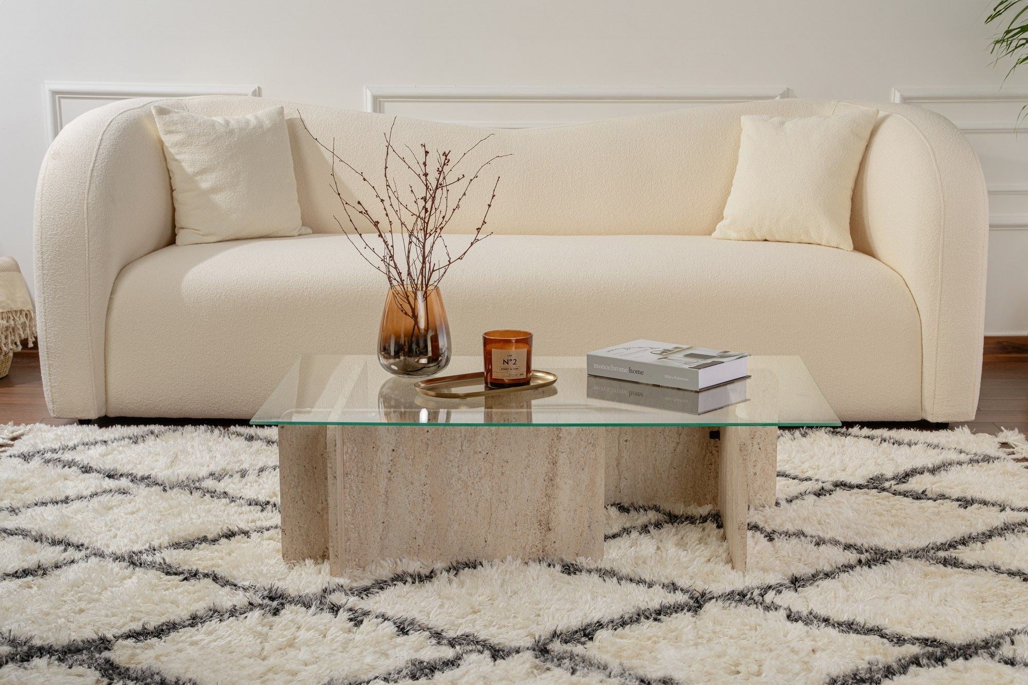 Sofabord Fendro - med rektangulært glasbord og travertin-stenlook