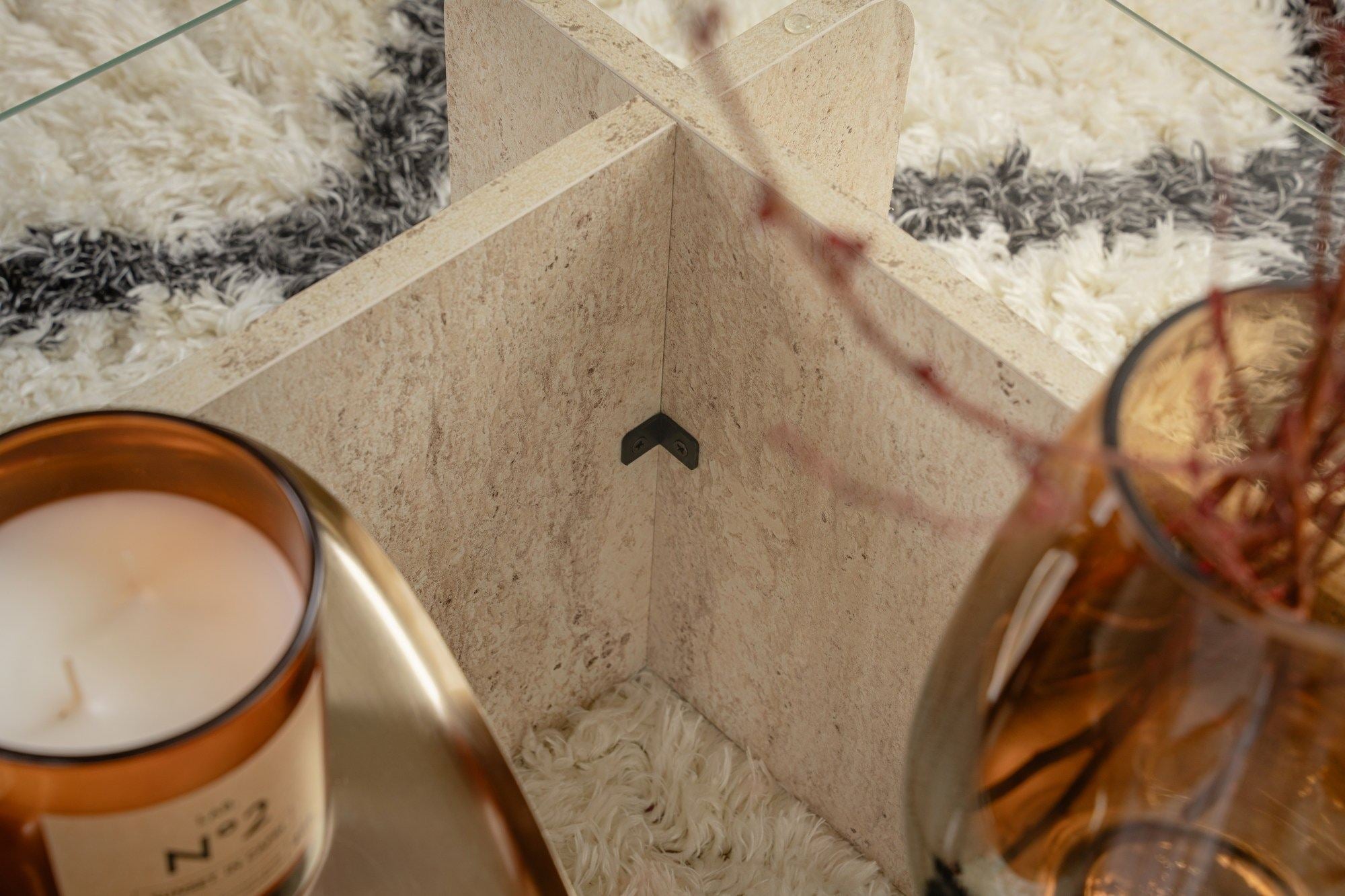 Sofabord Fendro - med rektangulært glasbord og travertin-stenlook