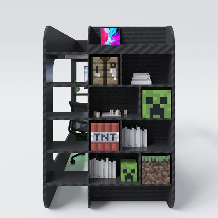 Minecraft gaming-højseng „BaseCamp XL“ med skrivebord og reol