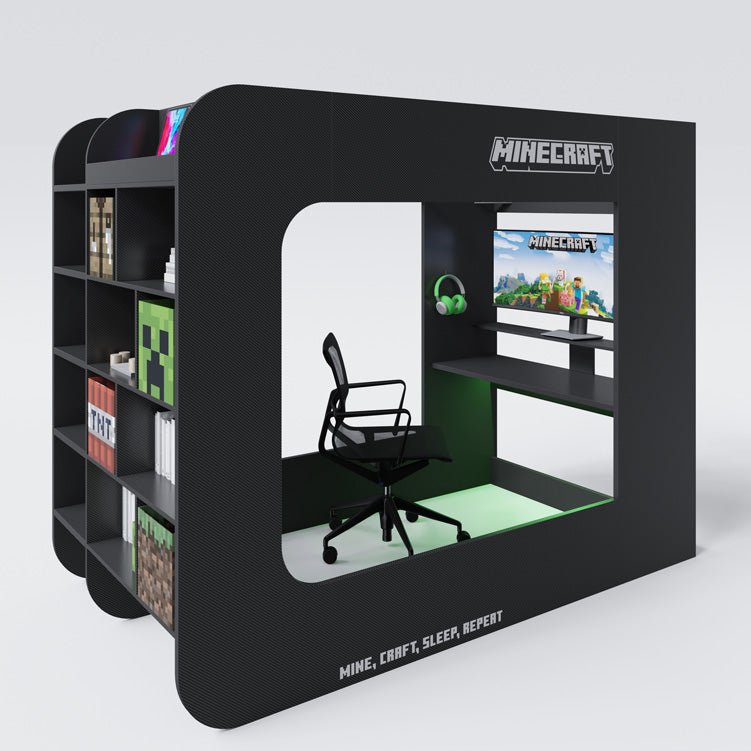 Minecraft gaming-højseng „BaseCamp XL“ med skrivebord og reol