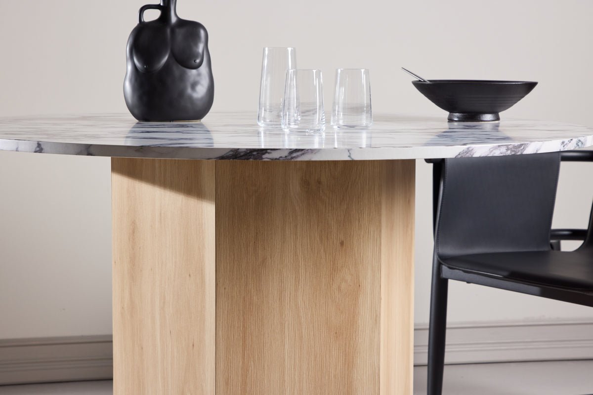 Spisebord Agesta - rundt spisebord med bordplade i lysegrå, mokka og sort