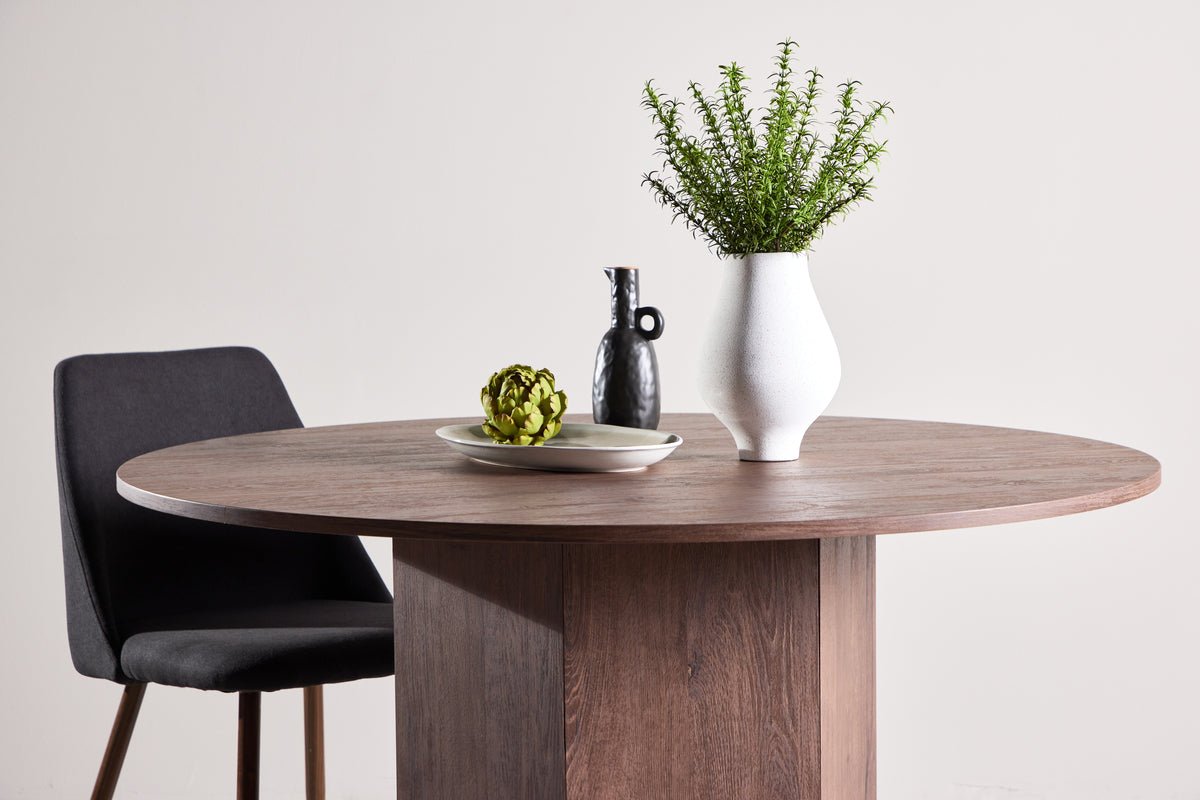 Spisebord Agesta - rundt spisebord med bordplade i lysegrå, mokka og sort