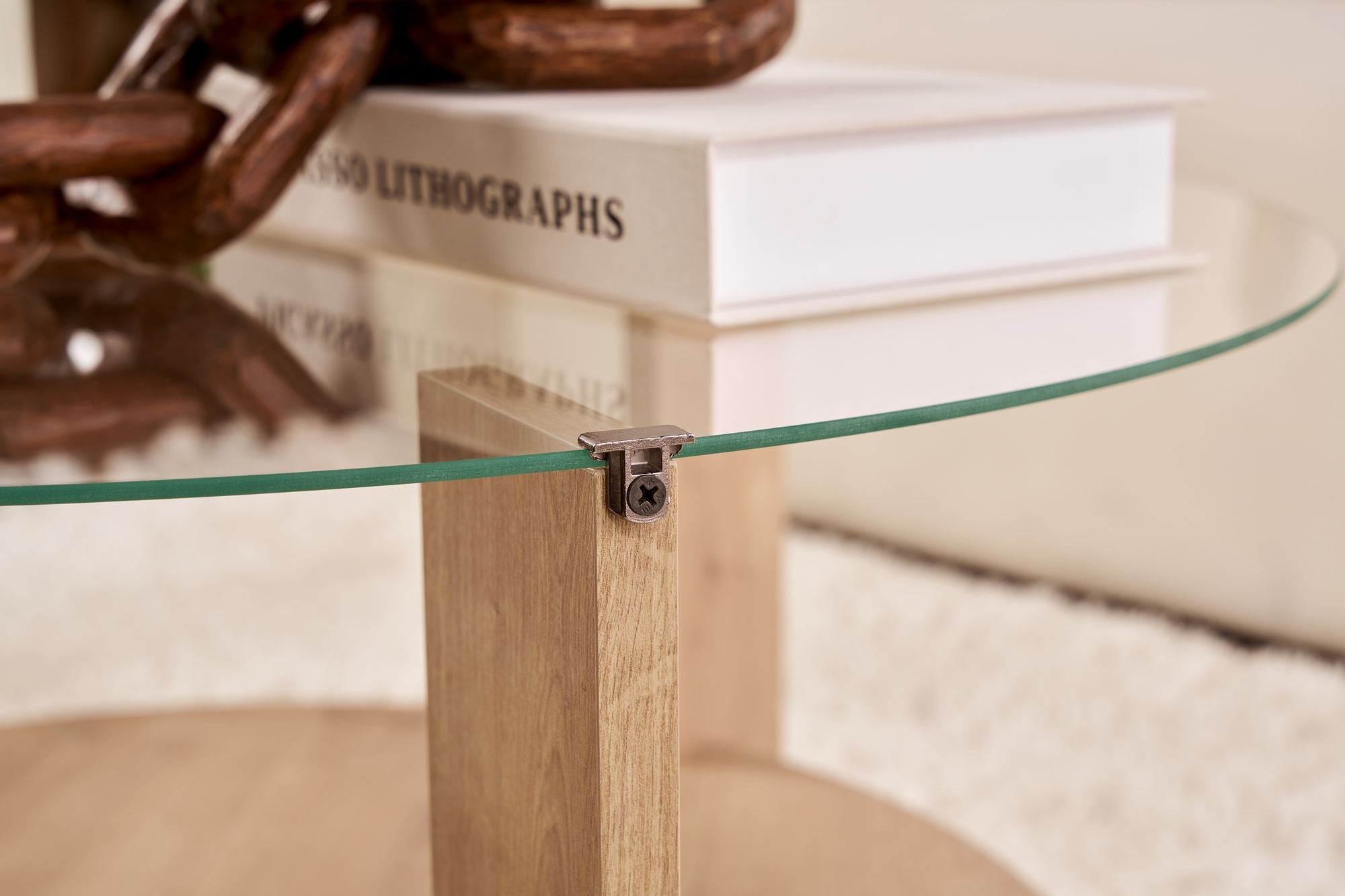 Sofabord Davira - med rund glasplade og trælook