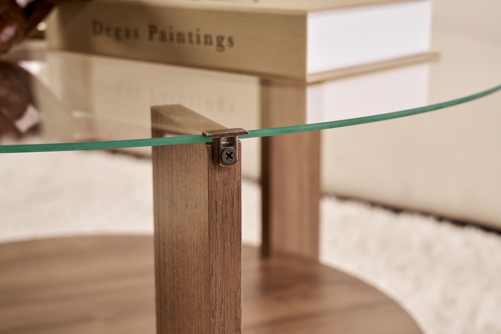 Sofabord Davira - med rund glasplade og trælook