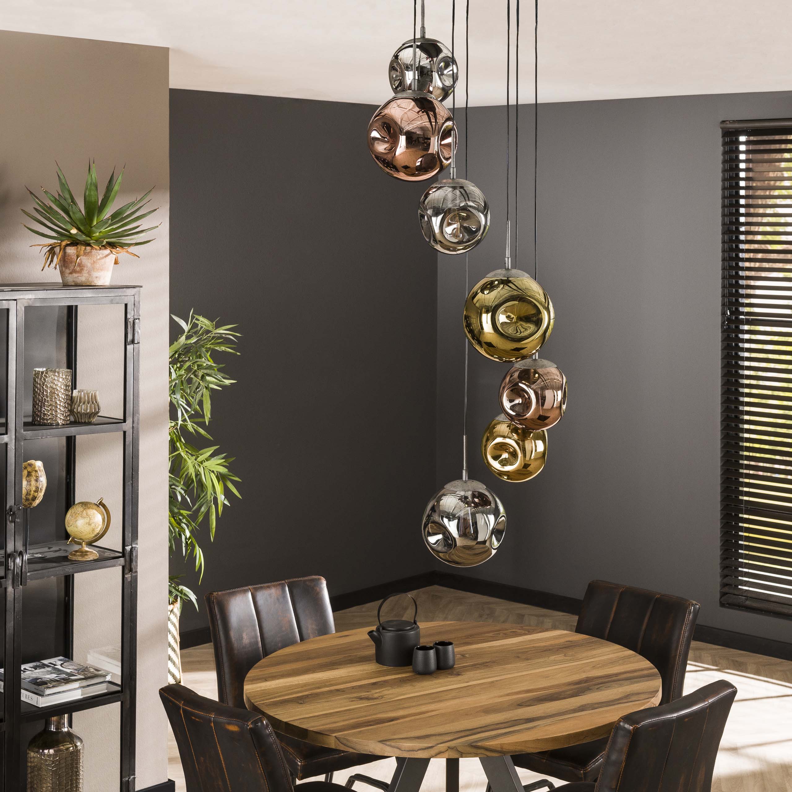 Pendellampe „Elaris“ – 7 lamper i trin i metalfarvekombinationen guld, kobber og krom