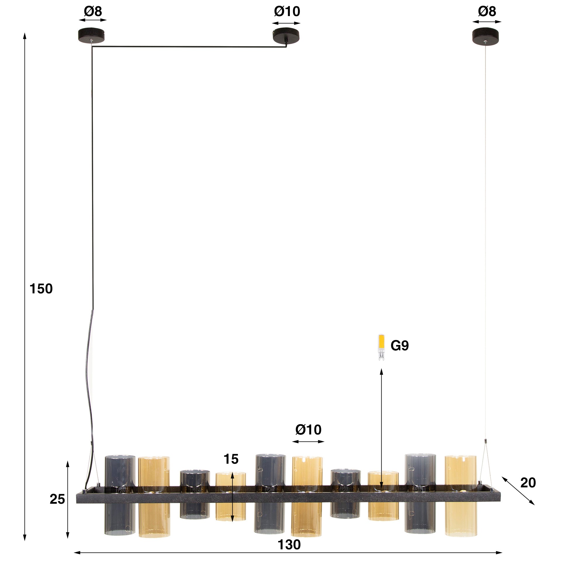Pendelleuchte "Calivon“ – 10 zylindrische Glasschirme in Bernstein- und Chromoptik
