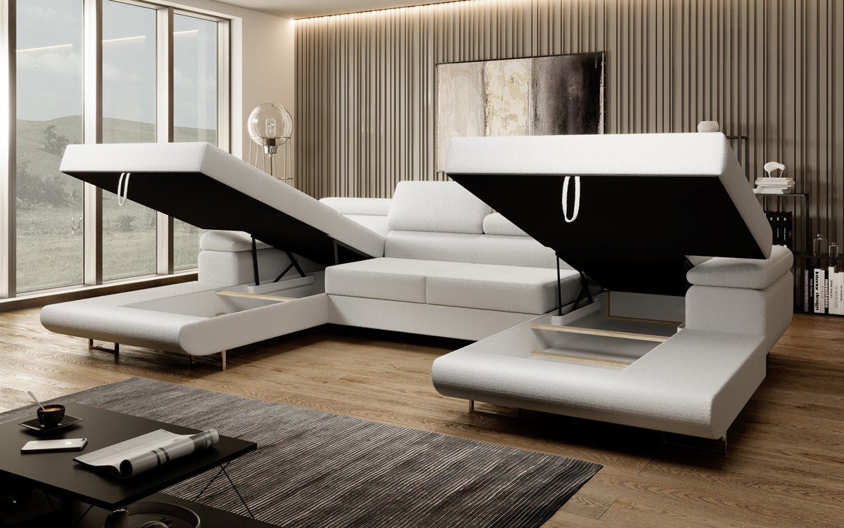 Designer Sofa Calvera U med sove- og klapsystem i bouclé