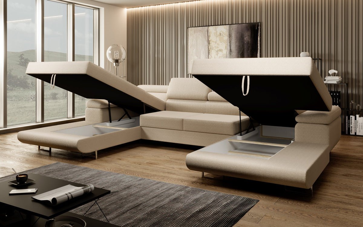 Designer Sofa Calvera U med sove- og klapsystem i bouclé