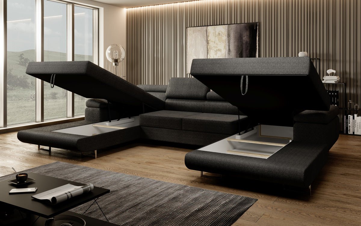 Designer Sofa Calvera U med sove- og klapsystem i bouclé