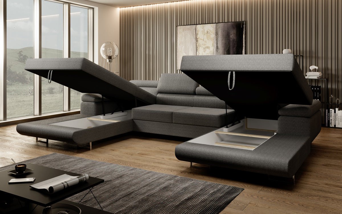 Designer Sofa Calvera U med sove- og klapsystem i bouclé
