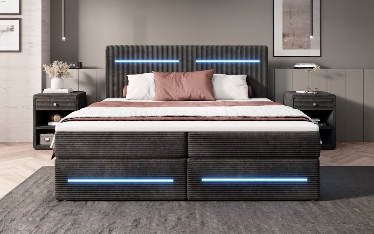 Boxspring bed Lara with storage and LED in corduroy