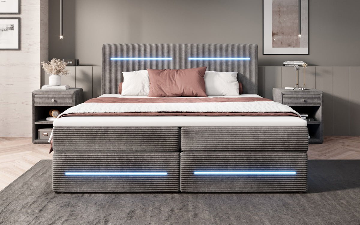 Boxspring bed Lara with storage and LED in corduroy