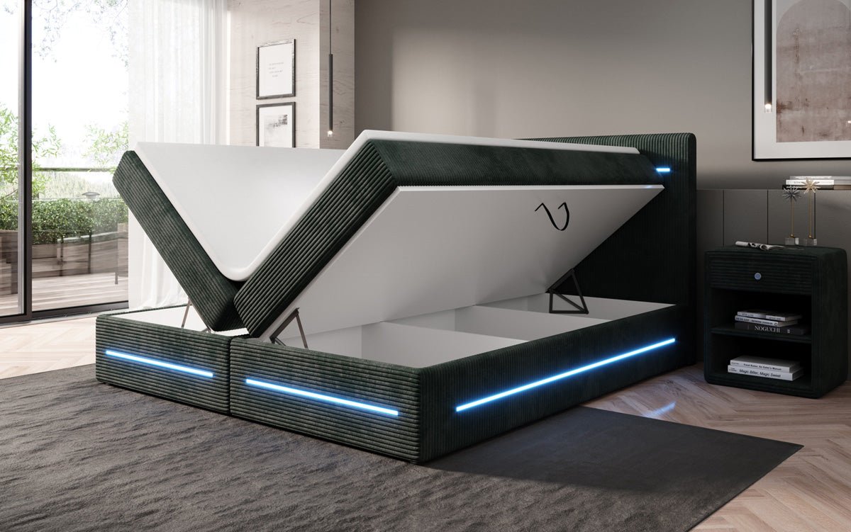 Boxspring bed Lara with storage and LED in corduroy