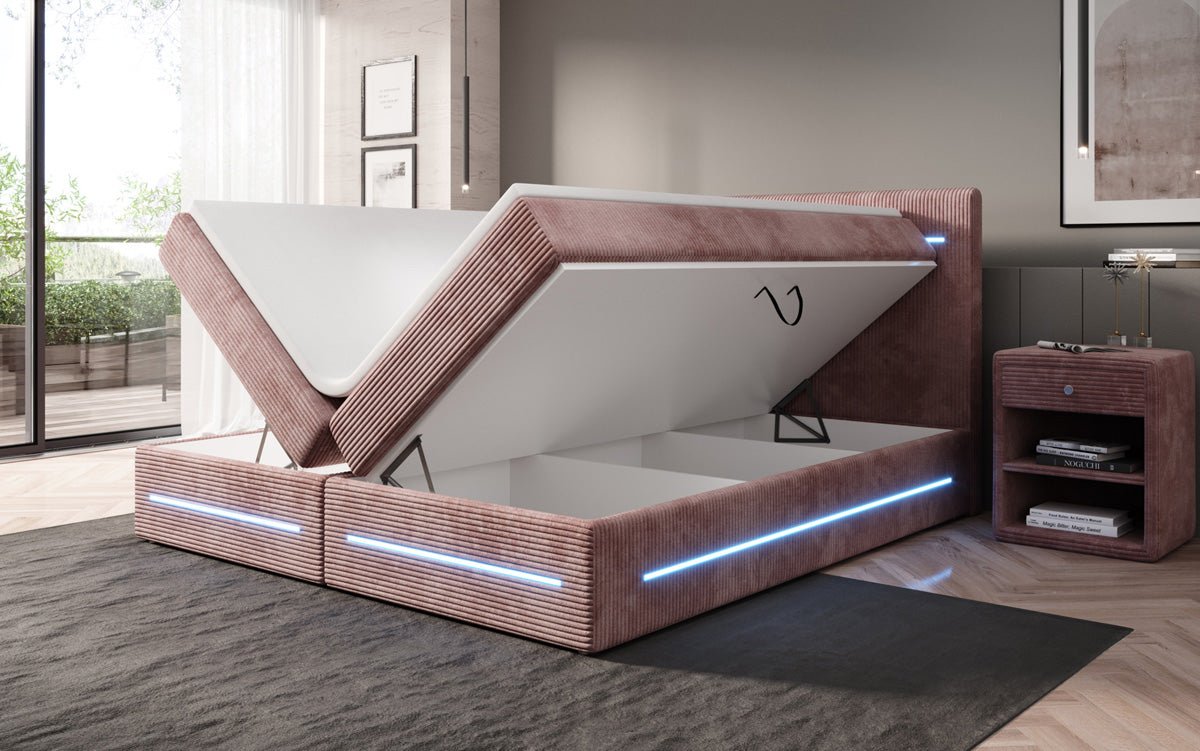 Boxspring bed Lara with storage and LED in corduroy