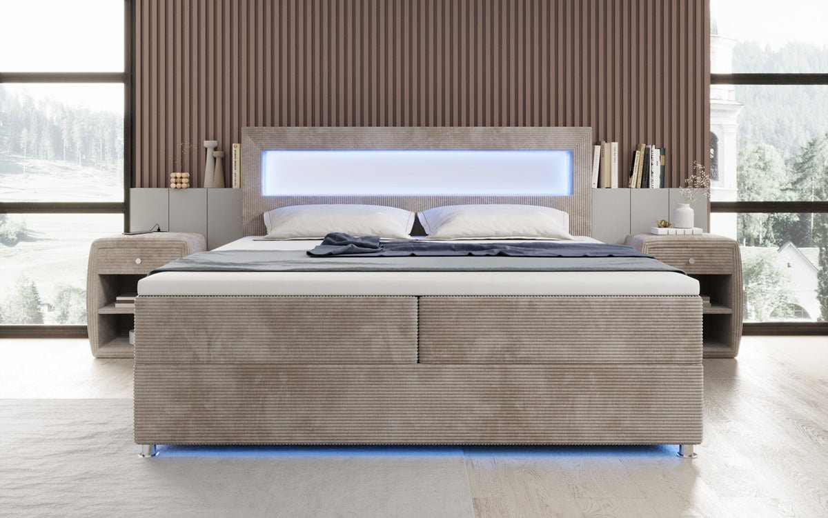 Relax box spring bed with LED, storage space, and USB/C in corduroy