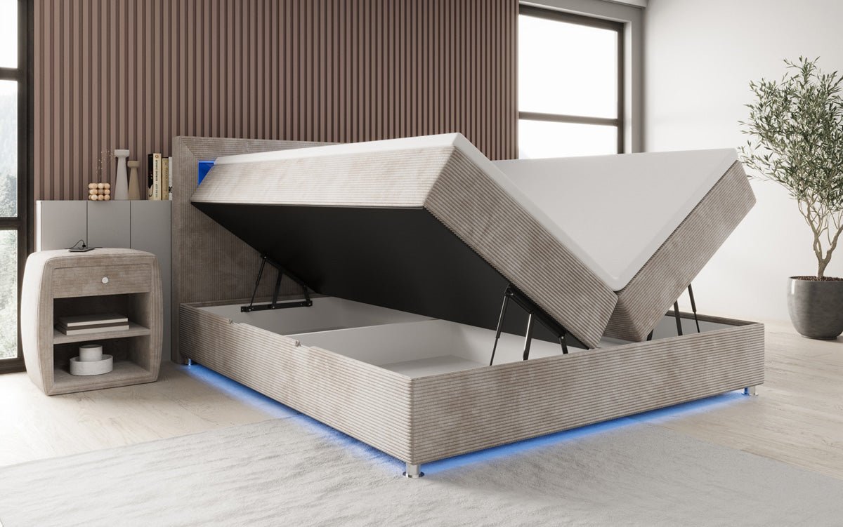 Relax box spring bed with LED, storage space, and USB/C in corduroy