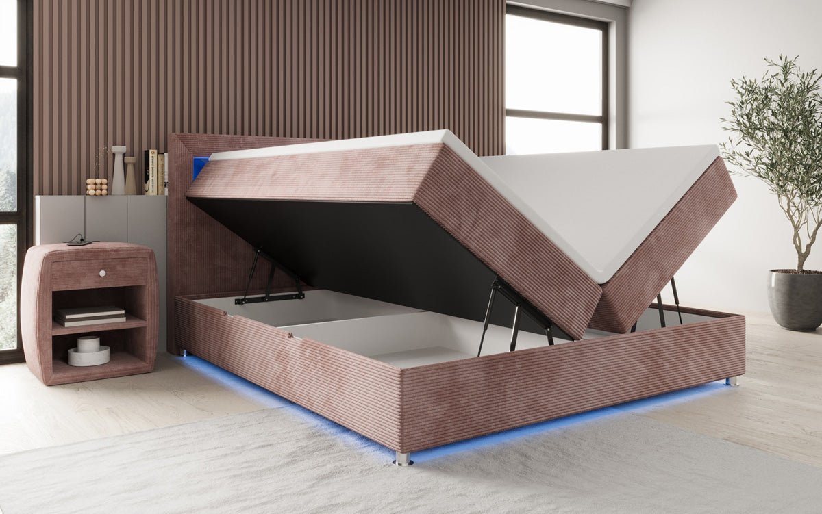 Relax box spring bed with LED, storage space, and USB/C in corduroy