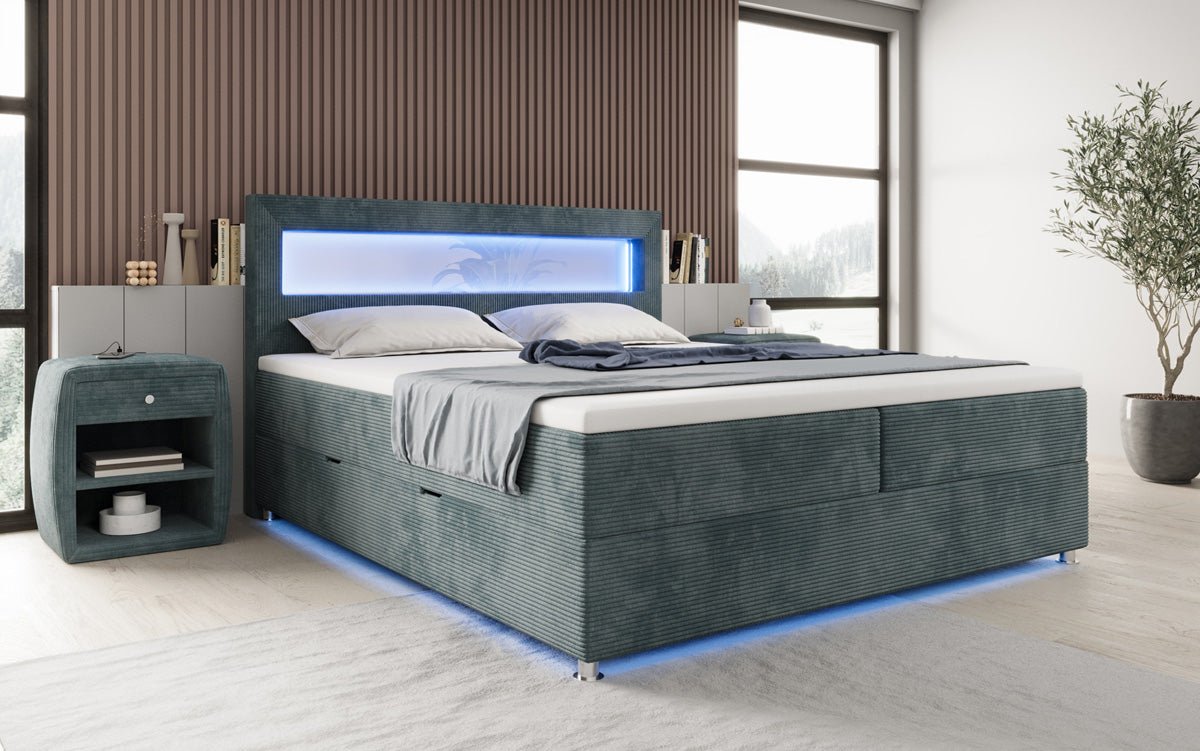 Relax box spring bed with LED, storage space, and USB/C in corduroy