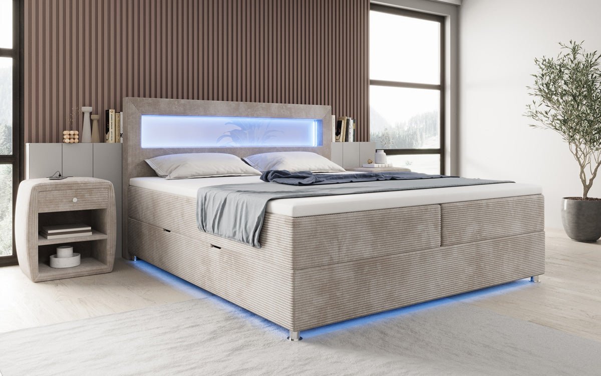 Relax box spring bed with LED, storage space, and USB/C in corduroy