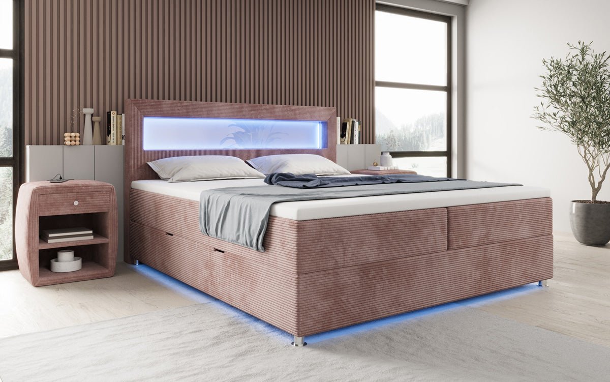 Relax box spring bed with LED, storage space, and USB/C in corduroy