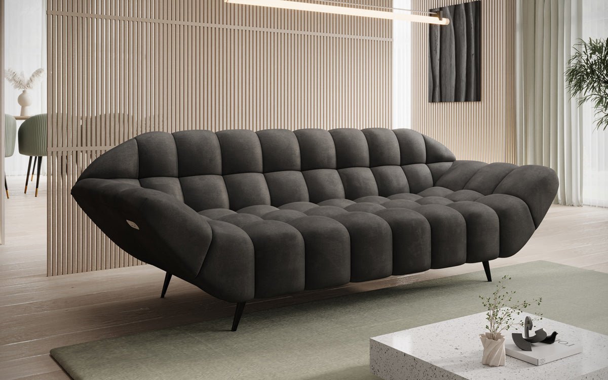 Designer 3 Sitzer Sofa Amora in Samt mit elektrischer Sitzerweiterung