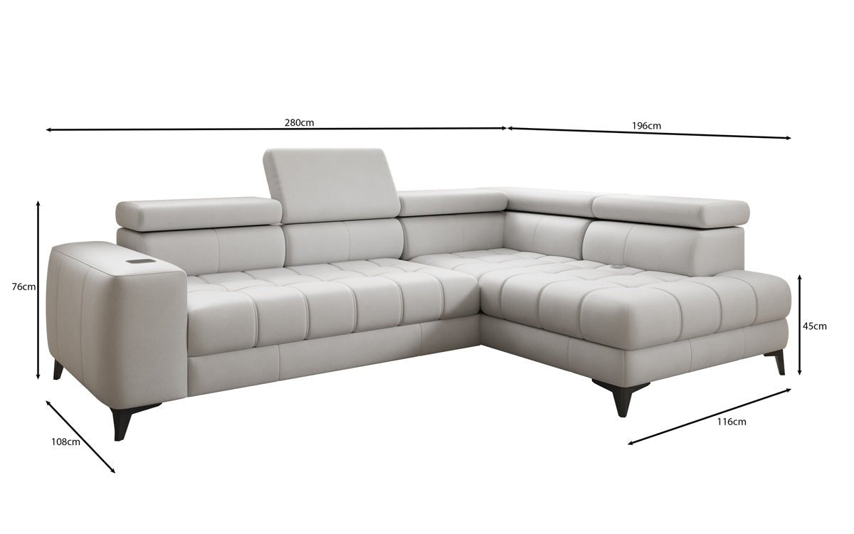 Designer L Sofa Seluna med elektrisk sovefunktion, induktion og opbevaring i ægte læder