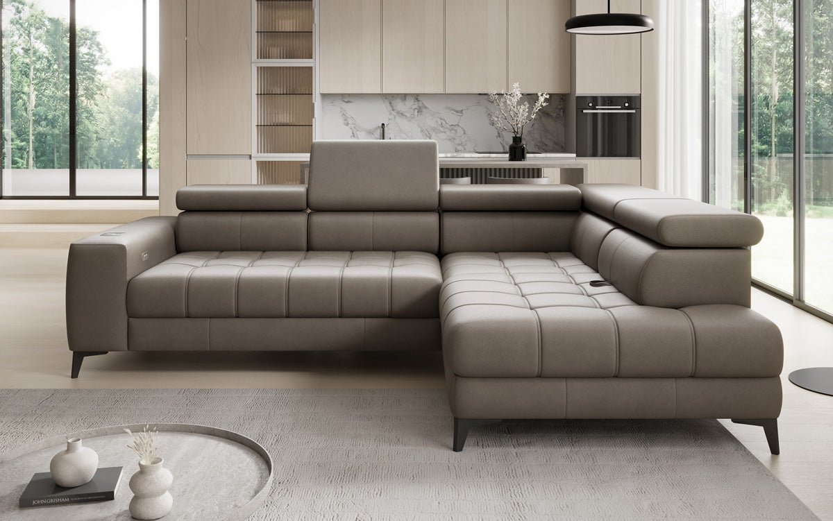 Designer L Sofa Seluna med elektrisk sovefunktion, induktion og opbevaring i ægte læder