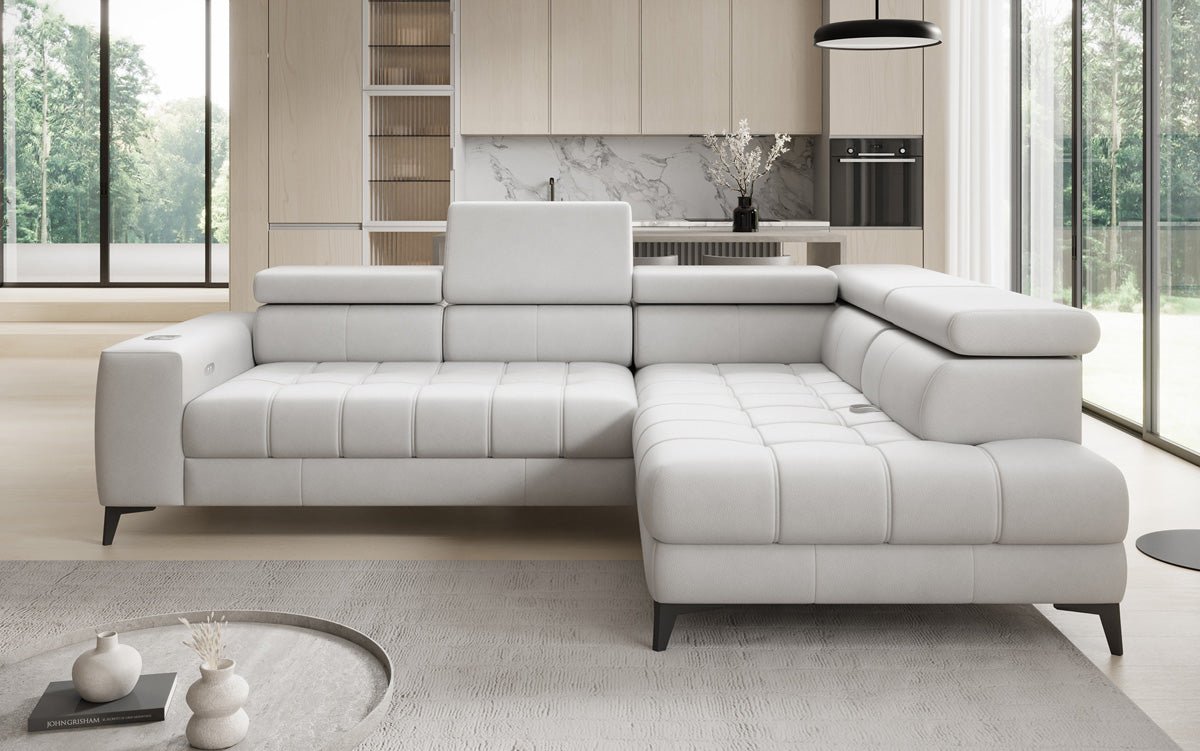 Designer L Sofa Seluna med elektrisk sovefunktion, induktion og opbevaring i ægte læder