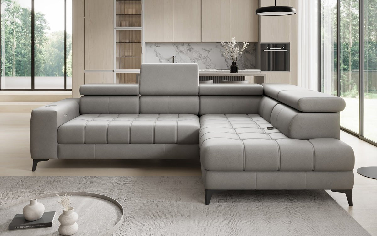 Designer L Sofa Seluna med elektrisk sovefunktion, induktion og opbevaring i ægte læder